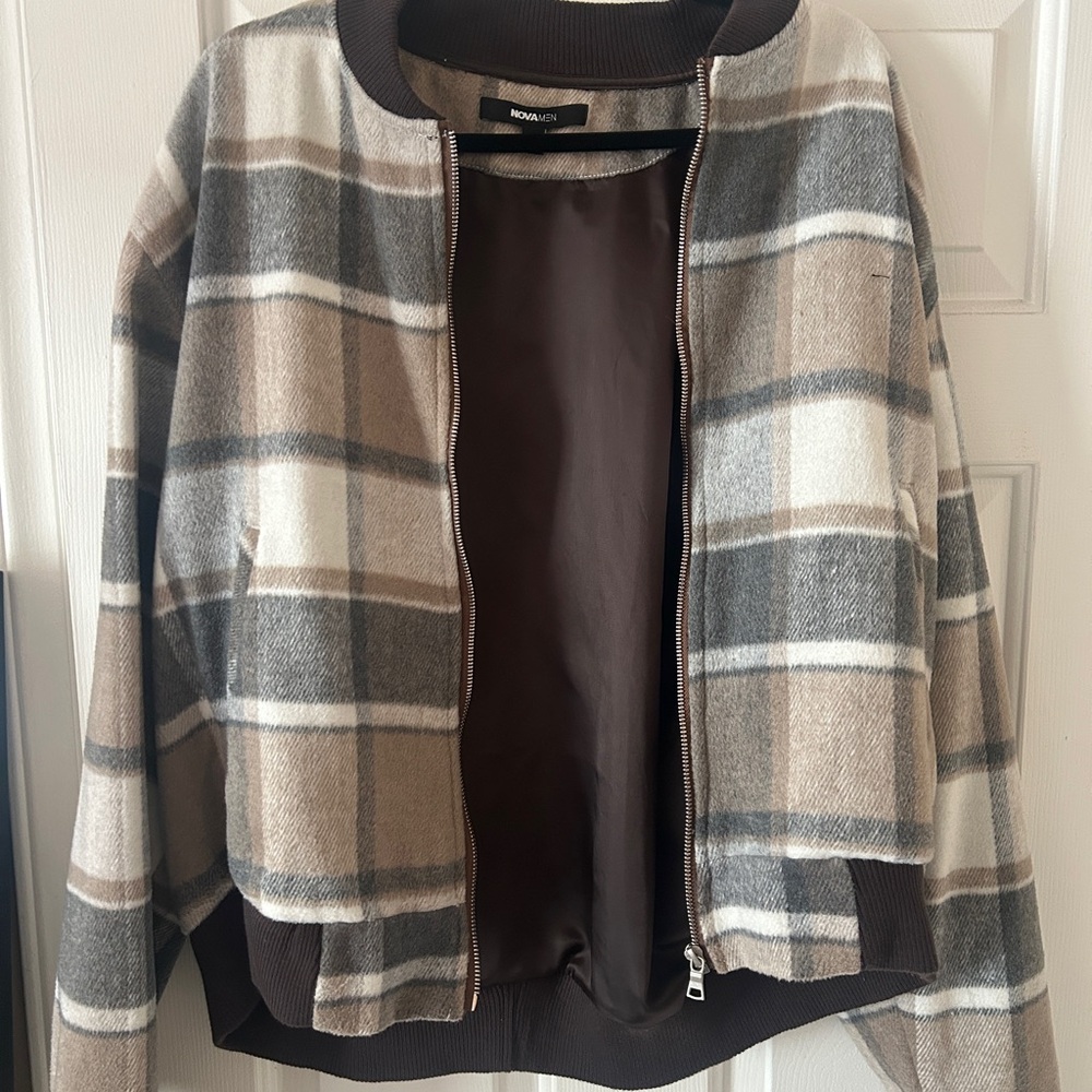 Fashion Nova Brown and Cream Plaid Bomber Jacket